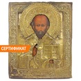 Старинная деревянная икона святитель Николай Чудотворец, икона в латунном окладе. Россия, Мстера, XIX век.